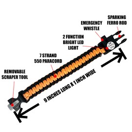 P-51 Spark and Shine Paracord Bracelet - Orange - Bright LED SOS Light and Ferro Rod with Scraping Tool - Emergency Survival Whistle - 550 Paracord - Perfect Tool for The Outdoors (1)