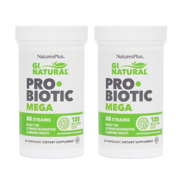 NaturesPlus GI Natural Probiotic Mega - 30 Capsules, Pack of 2 - Digestive & Immune Health - Gluten Free - 60 Total Servings
