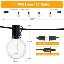 Outdoor String Lights, 55FT Shatterproof LED Patio Lights With 30 Dimmable Plastic G40 Bulbs, 2200K Waterproof Hanging String, Connectable Outside for Backyard, Cafe, Porch, Deck, E12 Base | OHLUX