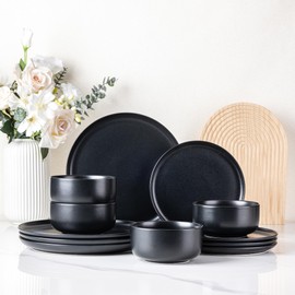 LERATIO Stoneware Dinnerware Sets for 4,Handcarft Ceramic Plates and Bowls Sets,Chip and Scratch Resistant Dishes, Dishwasher & Microwave Safe, Oven safe,Reactive Glaz-Black