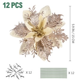 Toyvian Christmas Glitter Artificial Poinsettia Flower Pattern 12 Pieces Christmas Tree Flower Pattern Ornaments Xmas Party Decoration with 12 Pieces Stems and Clips (Light Gold)