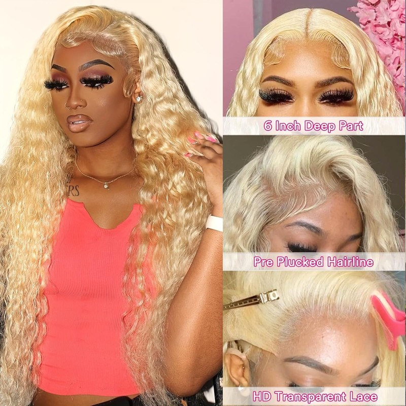Boyusijf 28 inches Blonde 613 Deep Wave 13x6 HD Transparent