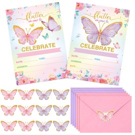 Sepamoon 24 Pcs Birthday Butterfly Invitations Party with Envelopes Floral Invitation Cards Stickers for Baby Shower Wedding Decor (Purple)