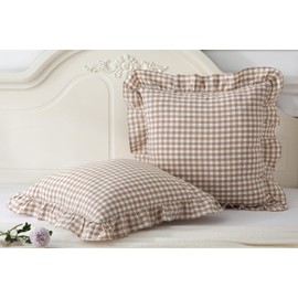 2 Pack Taupe Plaid Ruffle Throw Pillow Covers 18x18 inches, 100% Washed Cotton Gingham Checkered Farmhouse Pillow Shams for Bed/Sofa (18x18 inches, Taupe Gingham)