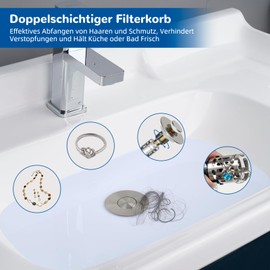 Hibbent Universal Sink Plug (25-46 mm), Pop-Up Drain Strainer Plug for Sink, Elegant Brass Spring Core Pressure Valve with Removable Filter, Replacement for Bathtubs, Brushed Nickel