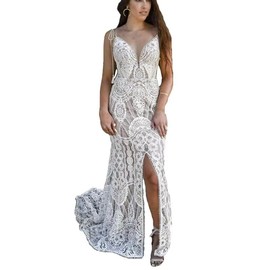 NALAWEKER Vintage Lace Wedding Dresses for Bride with Slit Boho Mermaid V Neck Wedding Party Gown Ivory Size 8