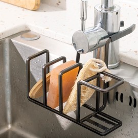 Navaris Hanging Metal Sink Organiser - Sponge Holder for Kitchen Sink - Shelf for Sponge Brush - Holder in Bronze - No Drilling Required