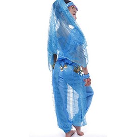 Girls Short Sleeve Belly Dancing Costume Set ALL Ornaments, sky blue