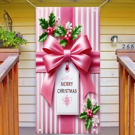 BlissYard Christmas Door Cover Pink Christmas Gift Bow Door Cover Hanging Banner Front Door Backdrop Hanging Ornaments Decorations Photography Background Winter Holiday New Year Party 71 x 35 Inch