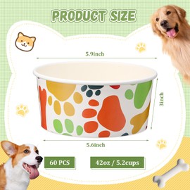 Reallnaive 60 Pcs 42 oz/ 5.2 Cups Disposable Pet Bowls Bulk Large Dog Feeding Bowls with Printed Pattern Travel Bowls for Feeding Dogs and Cats Puppies Pet Paper Food Bowls for Dry Wet Food Water