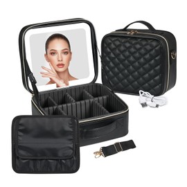 Makeup Case with LED Light Mirror, 10 Inch Professional Portable Travel Cosmetic Organizer Bah with Adjustable Dividers, USB Charging, Large Capacity, Ideal for Travel, Gift for Women Girls, Black