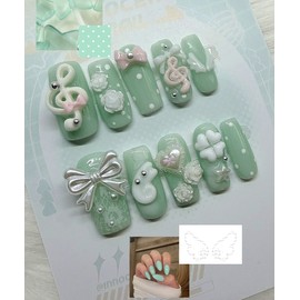 Vintage Mint .ᐟ Handmade Nail Tips - Long Oval / 빈티지 민트 .ᐟ 수제네일팁 - 롱오벌