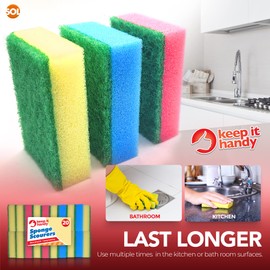 20pk Small Sponge Scourer for Kitchen | Blue, Pink, Yellow Sponges Washing Up | Kitchen Sponge | Dish Sponge | Cleaning Sponges | Washing Up Sponge for Kitchen and Bathroom Surfaces + SOL Sticker
