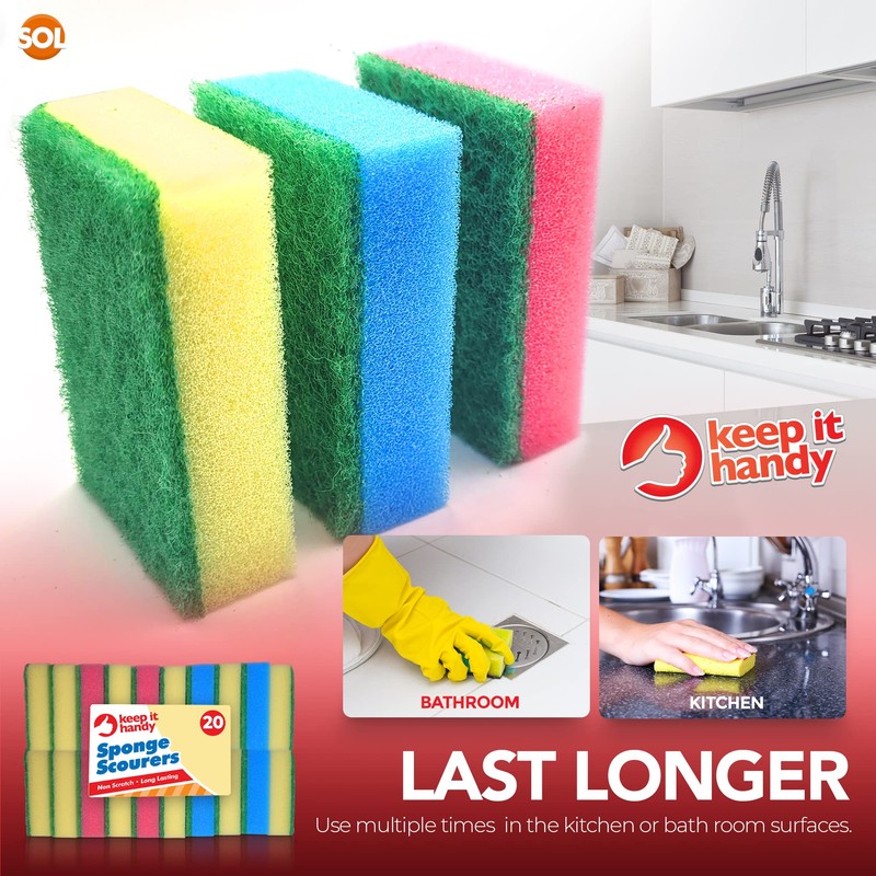 20pk Small Sponge Scourer for Kitchen | Blue, Pink, Yellow