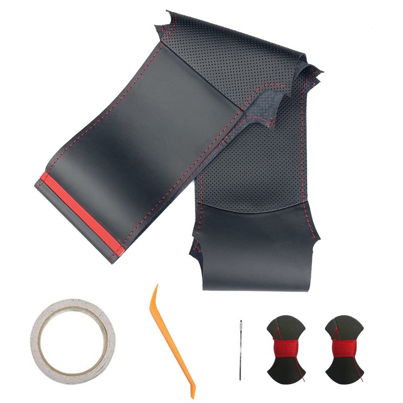Black Side Perforated Leather Red Marker Steering Wheel Protector Cover