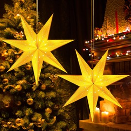 Pack of 2 Folding Star Christmas Paper Star Lampshade, 35 cm Paper Stars for Hanging, Christmas Stars, Illuminated, Folding Stars White Paper Star, Illuminated, Stars Paper for Window Decoration (B)