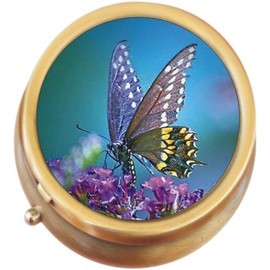 Butterfly Flowers Brass Round Pill Box
