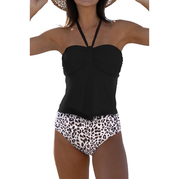 Beachsissi Women's Halter Leopard Print Two Piece Swimwear High Waist