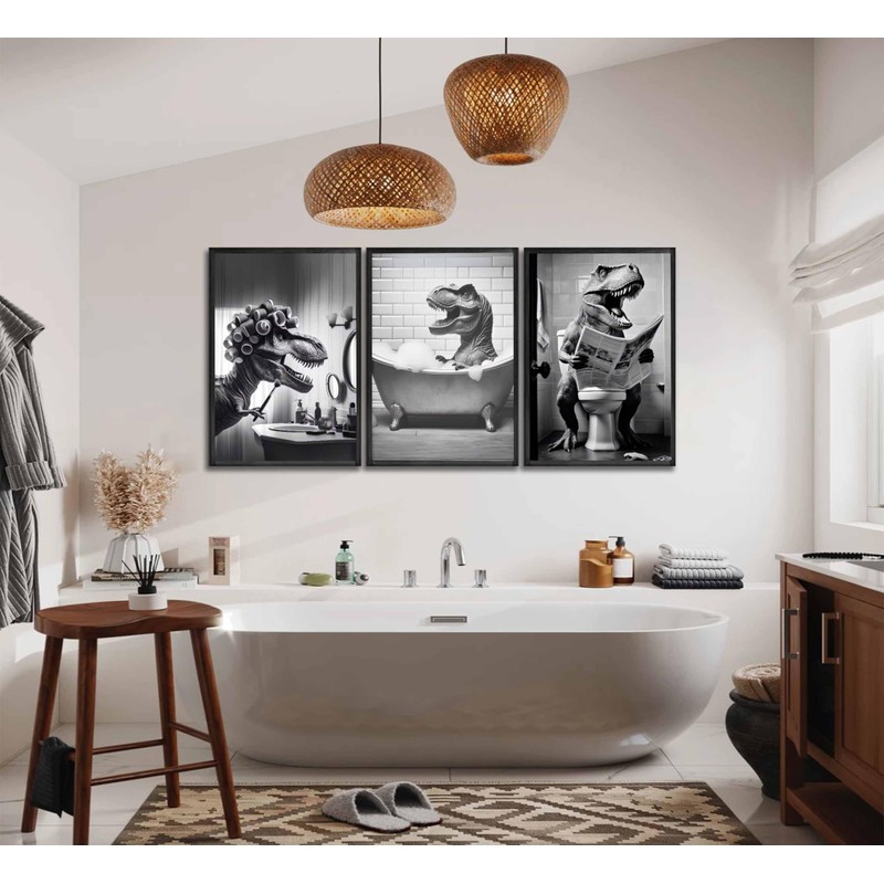 3Pcs Funny Bathroom Dinosaur Canvas Wall Art Dinosaur Sitting on