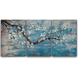 amatop Wall Art for Living Room 100% Hand-Painted Flower Oil Painting On Canvas Gallery Wrapped Large Framed Floral Plum Blossom Tree Teal Blue Artwork for Home Bedroom Decor 48"x24"