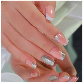 GALSPRO Short Press on Nails - Set of 24 Fake Nails with Designs in 12 Different Sizes for Perfect Fit, Cute False Nails Kit for Women with 0.07oz Nail Glue (SILVER BLOSSOM SQUARE SHAPE, Short)