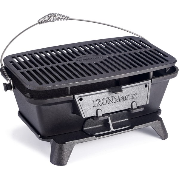 IronMaster Hibachi Grill Outdoor - Small Portable Charcoal Grill, 100% Cast Iron, Japanese Yakitori Tabletop Camping Grill - Cooking Grate Surface 16.5" x 10.2" for 5-6 People