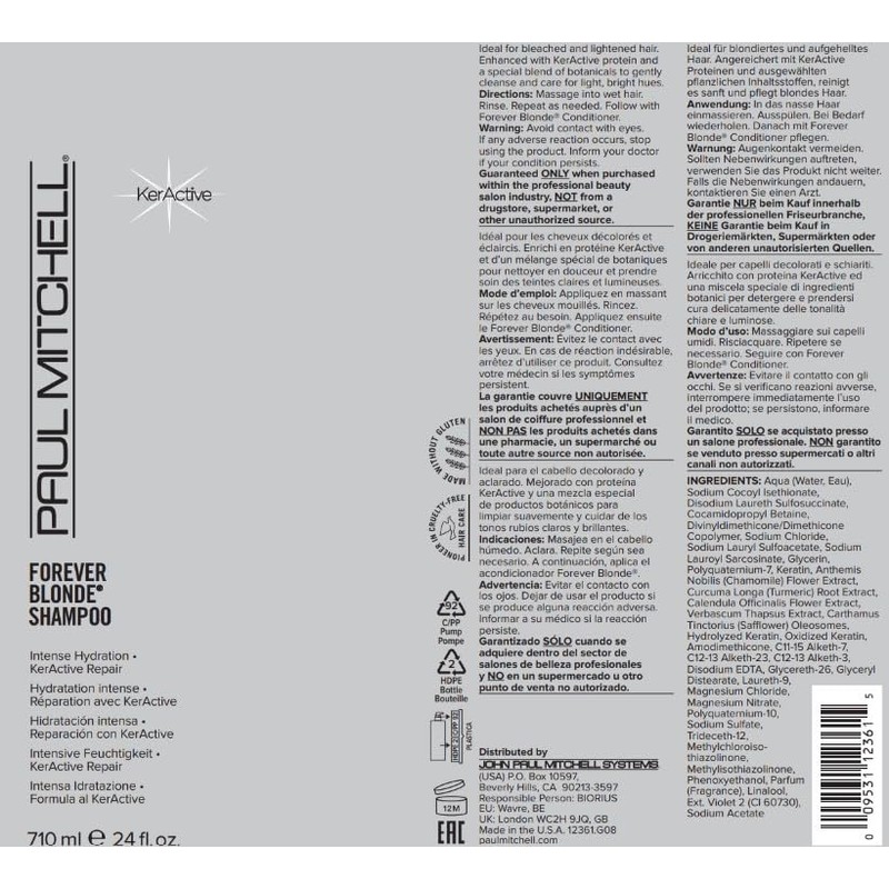 Paul Mitchell Forever Blonde Shampoo, Hidrata y Repara, Para Cabello