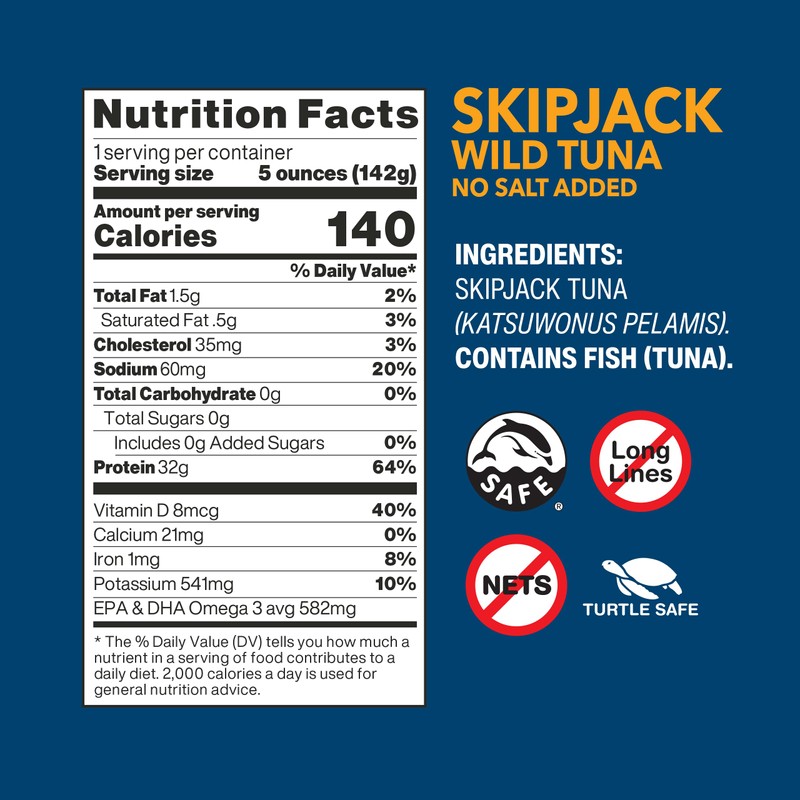 Wild Planet Skipjack Wild Tuna, No Salt Added, Canned Tuna,