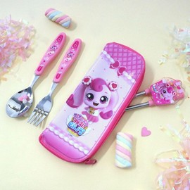 Teenieping Character Fork, Spoon, and Chopsticks Flatware Set with Case, Tableware, Training Chopsticks for Beginners with Silicone Rings (Heartsping)