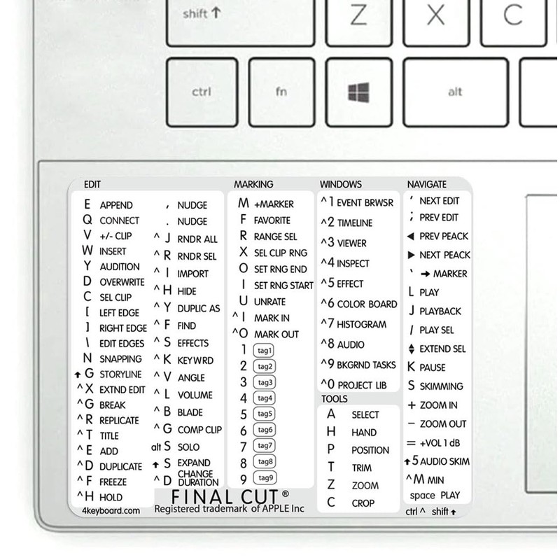 Final Cut Pro Reference Keyboard Hotkeys Decals for Windows Black,