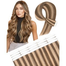 SLEEKALON Invisible Tape in Hair Extensions Real Human Hair 20 Pcs Thinned Version #4/27 Medium Brown Mix Dark Blonde - Seamless Skin Weft Remy HairPiece Extension 16 Inch 30 Gram