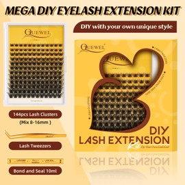 QUEWEL Cluster Lashes Kit, 144pcs Lash Clusters with Lash Bond and Seal, Eyelash Tweezers for Soft 3D Eyelash Clusters DIY Lashes Extension Kit at Home(144pcs mega-TZ)