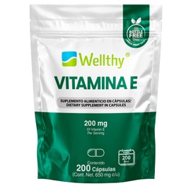 Wellthy Vitamina E 200 Cápsulas. 200mg de Vitamina E por porción, solo una Cápsulas al día, 200 porciones por envase para casi 7 meses de consumo. Bottle Free.