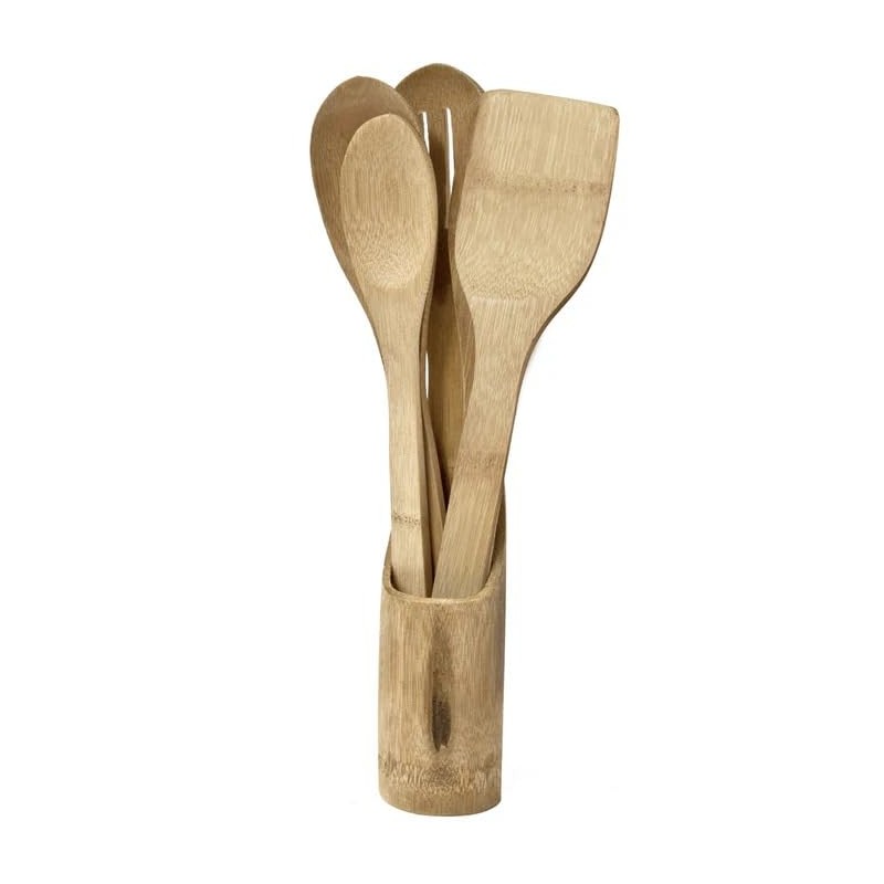 Bamboo Utensil Set with Holder, 5 Pieces, for Kitchen Countertop