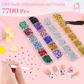 7700Pcs Flatback Pearls and Small Resin Rhinestones for Nail Art, Tiny Colorful Rhinestone Flatback Bedazzling Gems, Nail Rhinestones and Gems Gold Silver Pearls for Acrylic Tips Manicure Decor