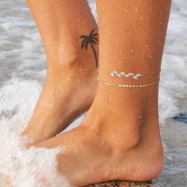 ASCOMY Ankle Bracelets for Women 14K Gold Plated Ankle Bracelet Dainty Layered Cute CZ Leaf Charm Anklets Dot Chain Anklets for Teen Girls Minimalist Summer Beach Foot Bracelet Jewelry Gifts for Her