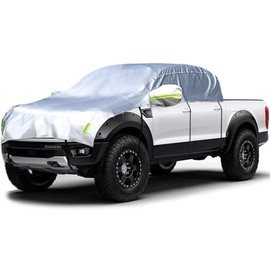 Konnfeir Half Car Cover All Weather Car Body Cover Sunshade Cover Snow Cover Waterproof Snowproof Universal 210D Oxford Fabric (Fit Small/Medium Size Pickup (Crew Cab))