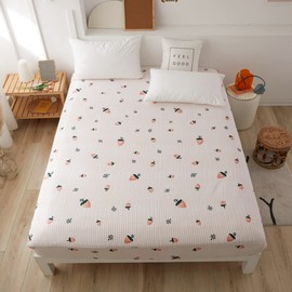 Feelyou Cute Strawberry Bed Sheet Set Soft Cotton Sheet Set Pink Stripes Fitted Sheet for Kids Girls Queen