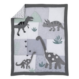 NoJo Baby-Saurus Brontosaurus, Tyrannosaurus Dinosaurs with Mountains Leaves 4Piece Nursery Crib Bedding Set, Grey, White, Green