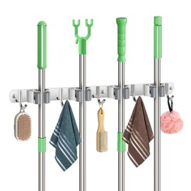Sampoes Broom Holder Wall, Broom Holder, Stainless Steel, Tool Holder, Wall Mount with 4 Holders and 5 Hooks, Broom Hanging Garden Tool Holder, Broom Mop Holder for Home, Garden, Kitchen, Garage