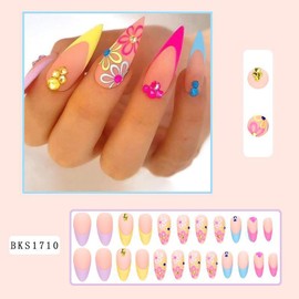 Vezocim Artificial Glossy Flower Fake Nails Sets, Press on Nails Pointed Medium Length, Acrylic Fingernails False Nails with Floral Designs, Full Cover False Nails Glue Stick on Nails for Women