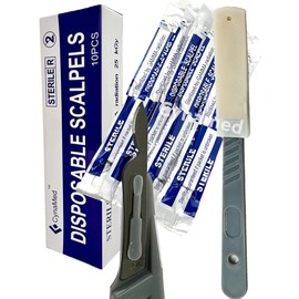 Disposable Scalpels Blades High-Carbon Steel Blades, Plastic Handle, Sterile, Dermaplaning, Dissection, Podiatry, Professional Grooming, Acne Removal Individually Foil Wrapped, Box of 10 (Disposable Scalpel #15C)