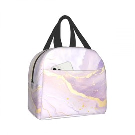 Nerxy Insulated Lunch Bag Woman 8x5x8.5inch Pink Purple Gold Marble Reusable Lunch Box Soft Cooler Tote Bag Men Kids Adults Waterproof Meal Container With Pocket for Work School Travel Office Picnic