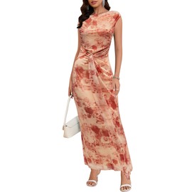 ZTMZA Women's 2025 Summer Ruched Bodycon Maxi Dress Casual Mock Neck Cap Sleeve Elegant Wedding Guest Cocktail Party Dresses Red Flower Pink, Small