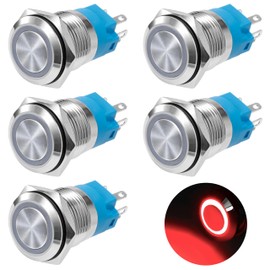 GUNGY Pressure Switch Waterproof 19 mm Switch 12-24 V 3A Momentary Push Button Switch Brass 5 Pin with Red Ring LED Light for Car Boat Motorcycle Pack of 5