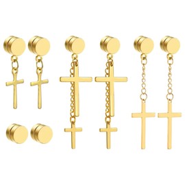 NEWITIN 3 Pairs Magnetic Cross Earrings for Men Clip on Earring Stainless Steel Magnet Earring Non Piercing Hoop Dangle Cross Magnetic Earrings for Men Women, Stainless Steel, No Gemstone