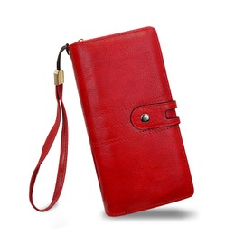 FuninCrea Women's Large Purse with Removable Strap and ID Window, Women's Long Purse, Women's PU Leather Wallet with 12 Card Slots, red, Modern