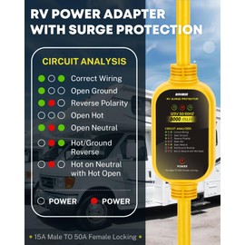 Kohree 50 Amp to 110V RV Adapter with Surge Protection, 8000 Joules 50 Amp to 15 Amp RV Adapter with Twist Lock, Circuit Analyzer w/LED Indicators, 21'' for Camper Travel Trailer