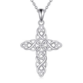 POPLYKE Celtic Cross Necklace Sterling Silver Witches Knot Infinity Pendant Religious Irish Jewelry for Women