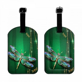 Zoczos Beautiful Dragonfly Leather Luggage Travel Bag Tags Blue Gem Green Background Luggage Tag Holder Name ID Labels Set for Men Women, 1 Pack